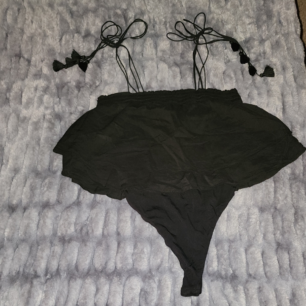 Free People Xs Intimately Black Bodysuit with Ruffle Detail